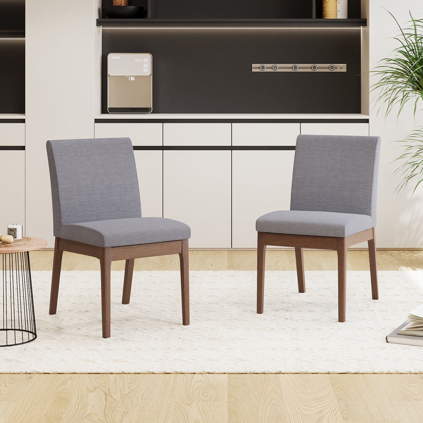 TREATLIFE HOME Set of 2 Contemporary Upholstered Dining Chairs with Rubberwood Legs, Dark Grey Fabric, Sleek Design