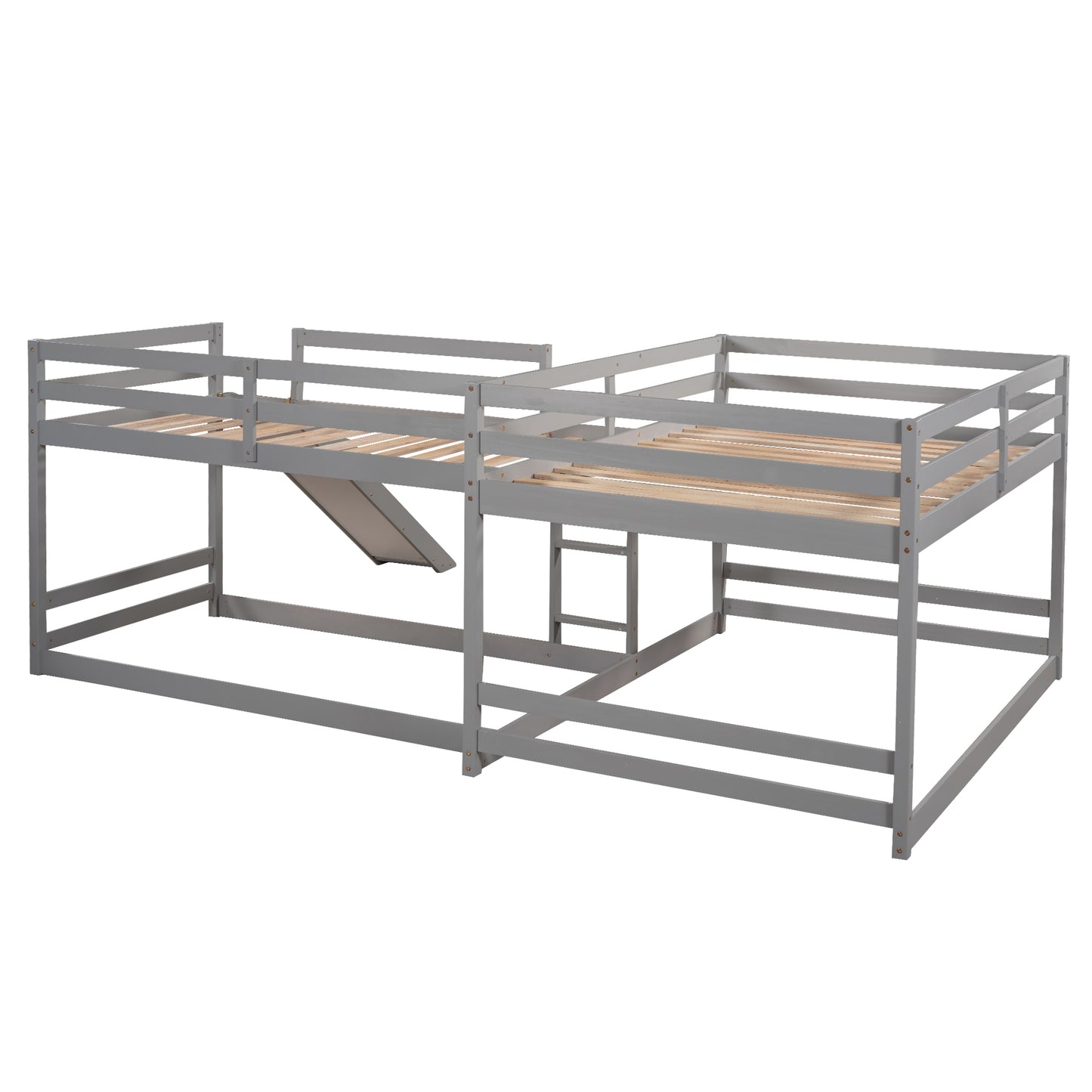 Gray wooden Lshaped bunk bed with slide and ladder