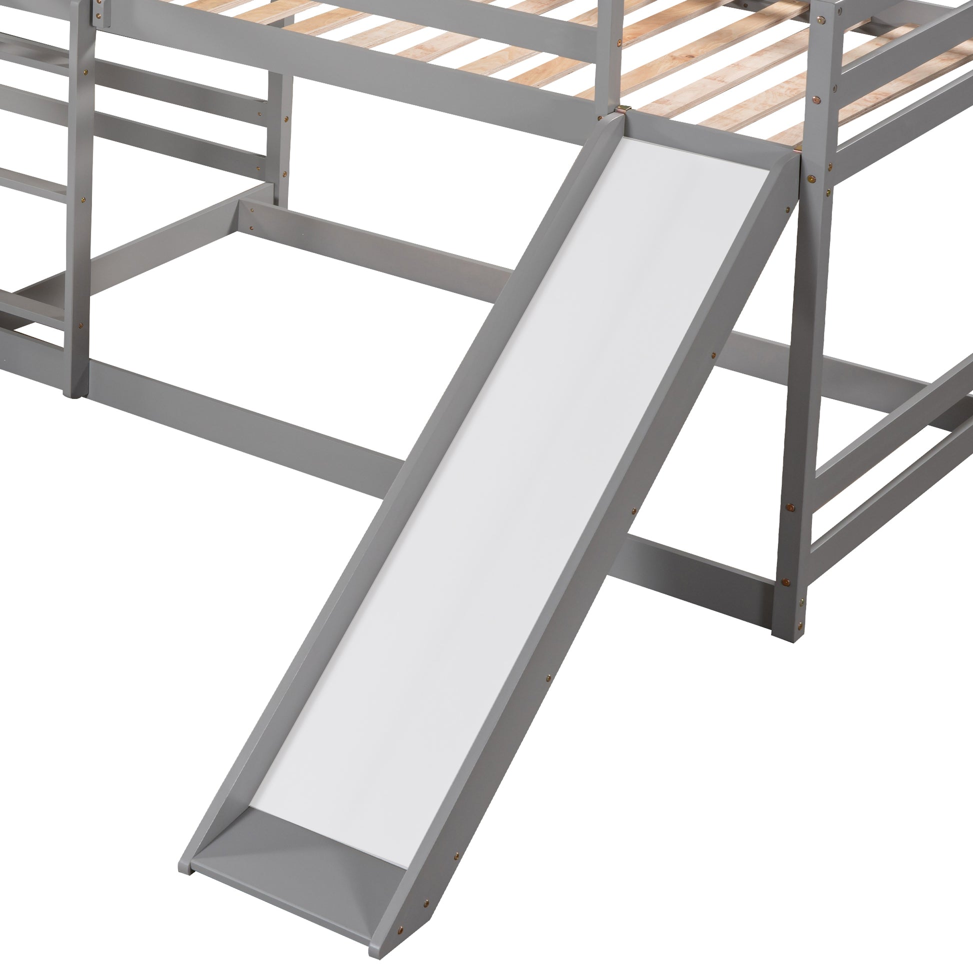 Gray wooden loft bed with a white slide