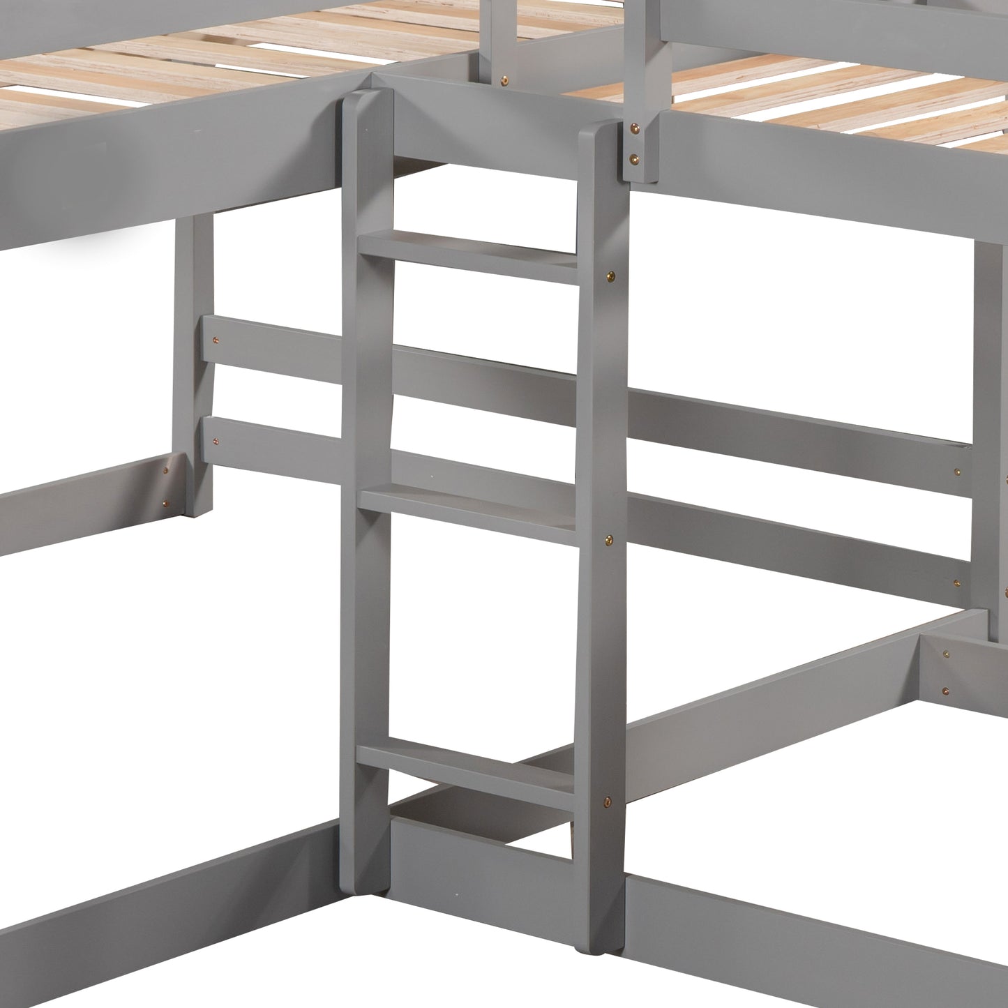 Gray wooden bunk bed frame with ladder detail