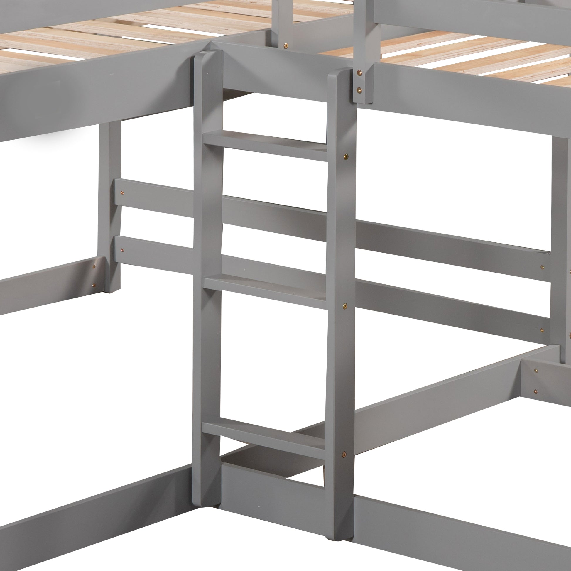 Gray wooden bunk bed frame with ladder detail