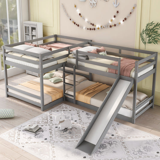 Gray wooden Lshaped bunk bed with slide