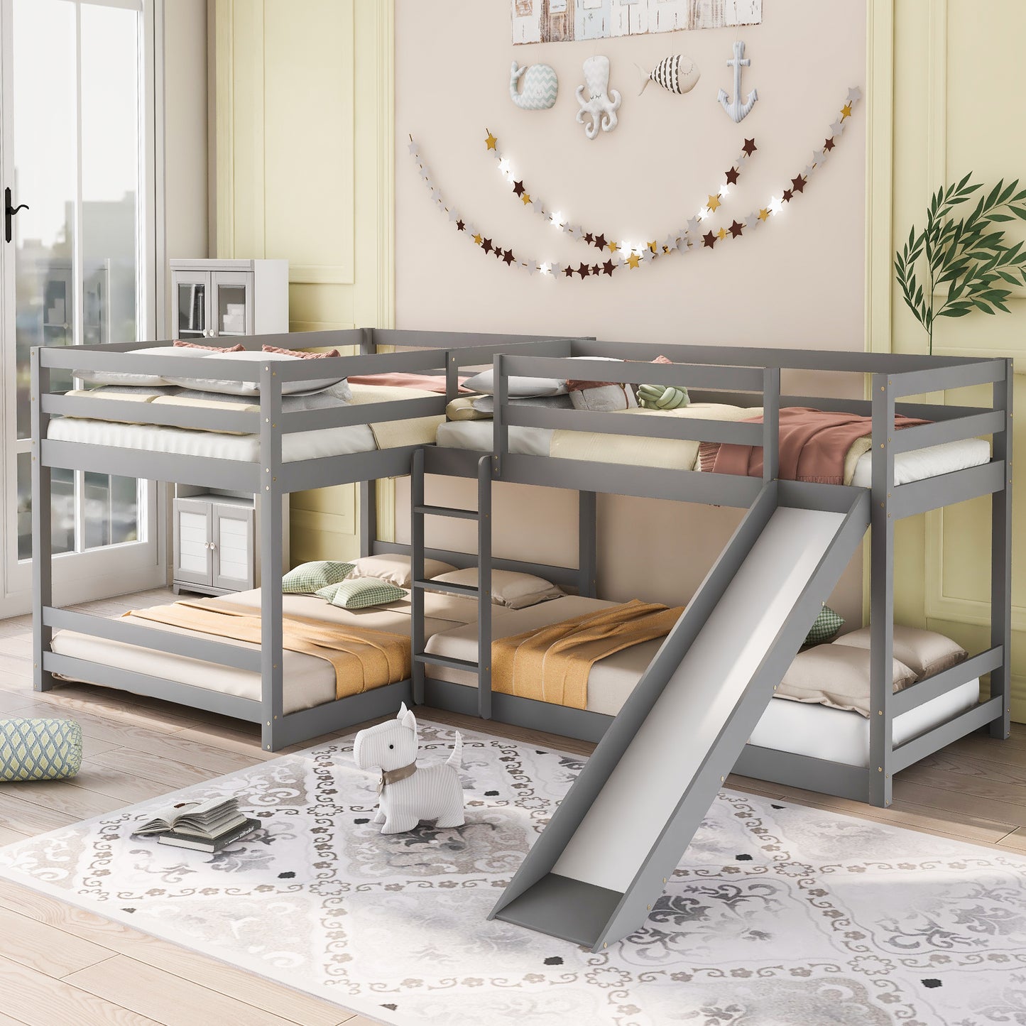 Gray Lshaped bunk bed with slide for kids