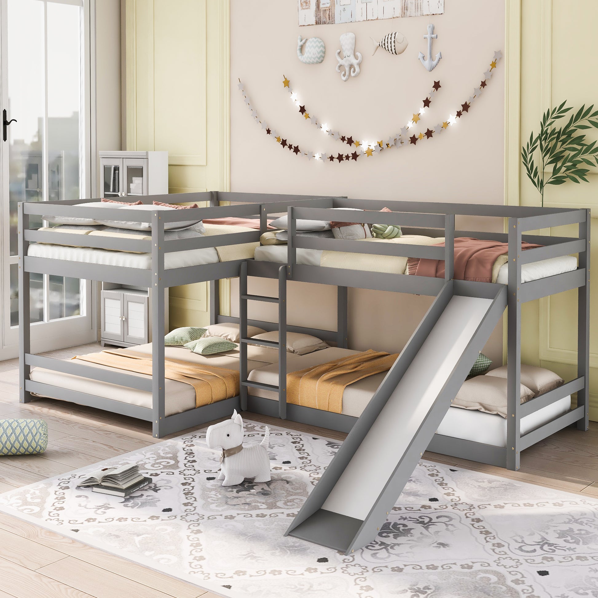Gray Lshaped bunk bed with slide for kids