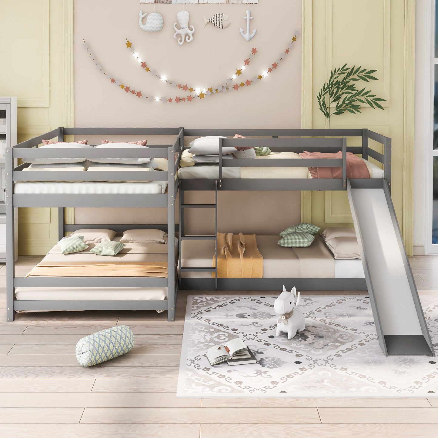 Gray Lshaped triple bunk bed with slide for kids room