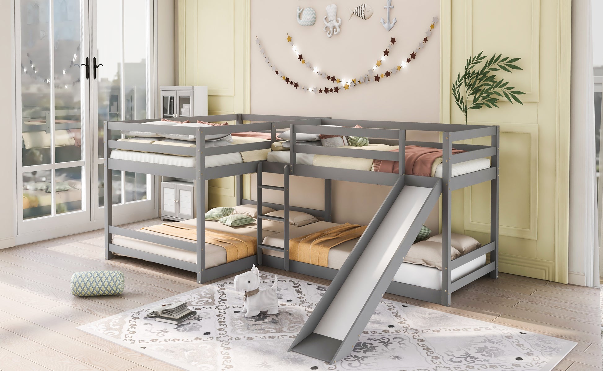 Gray Lshaped triple bunk bed with slide for kids bedrooms