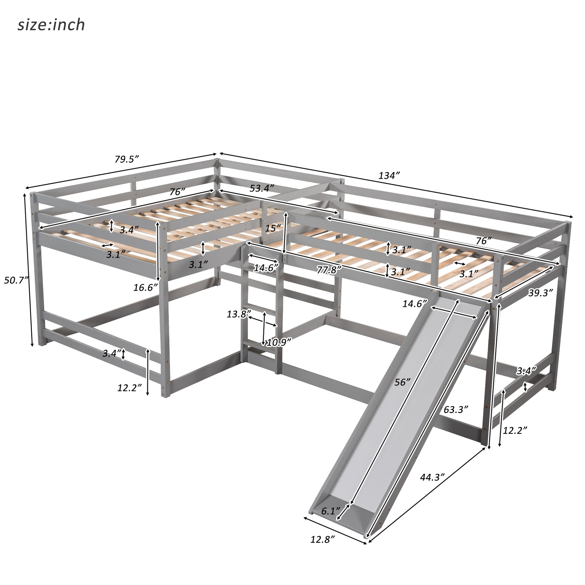 Gray Lshaped bunk bed with slide and ladder