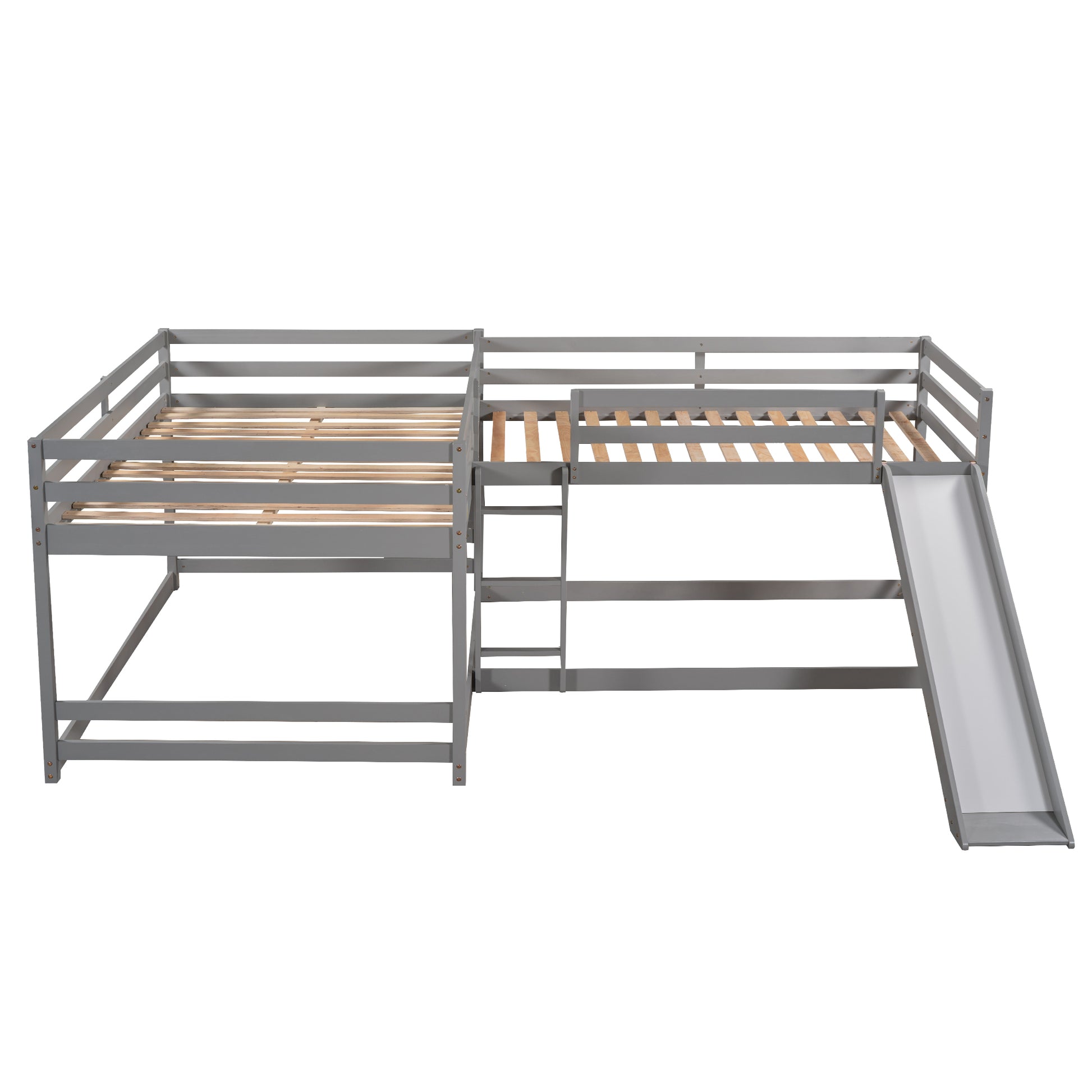 Gray wooden loft bed with slide and ladder