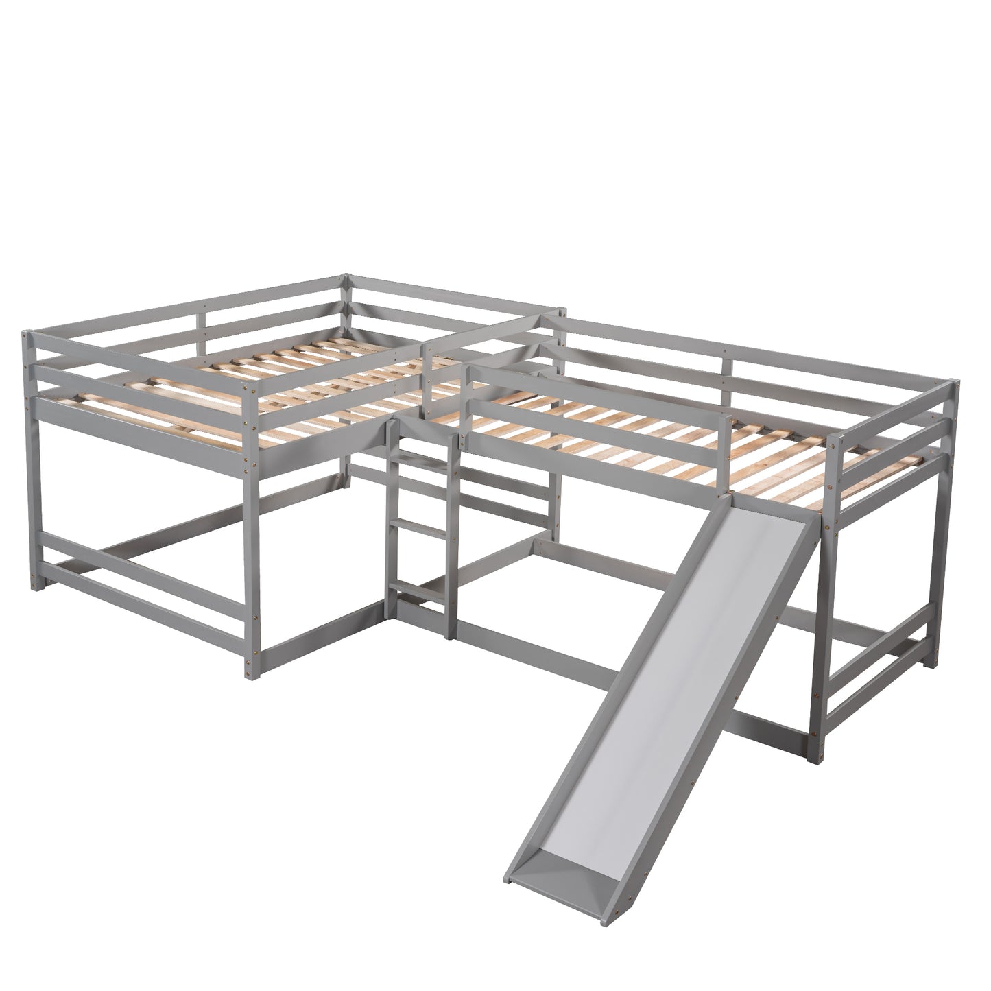 Gray wooden Lshaped bunk bed with slide and ladder