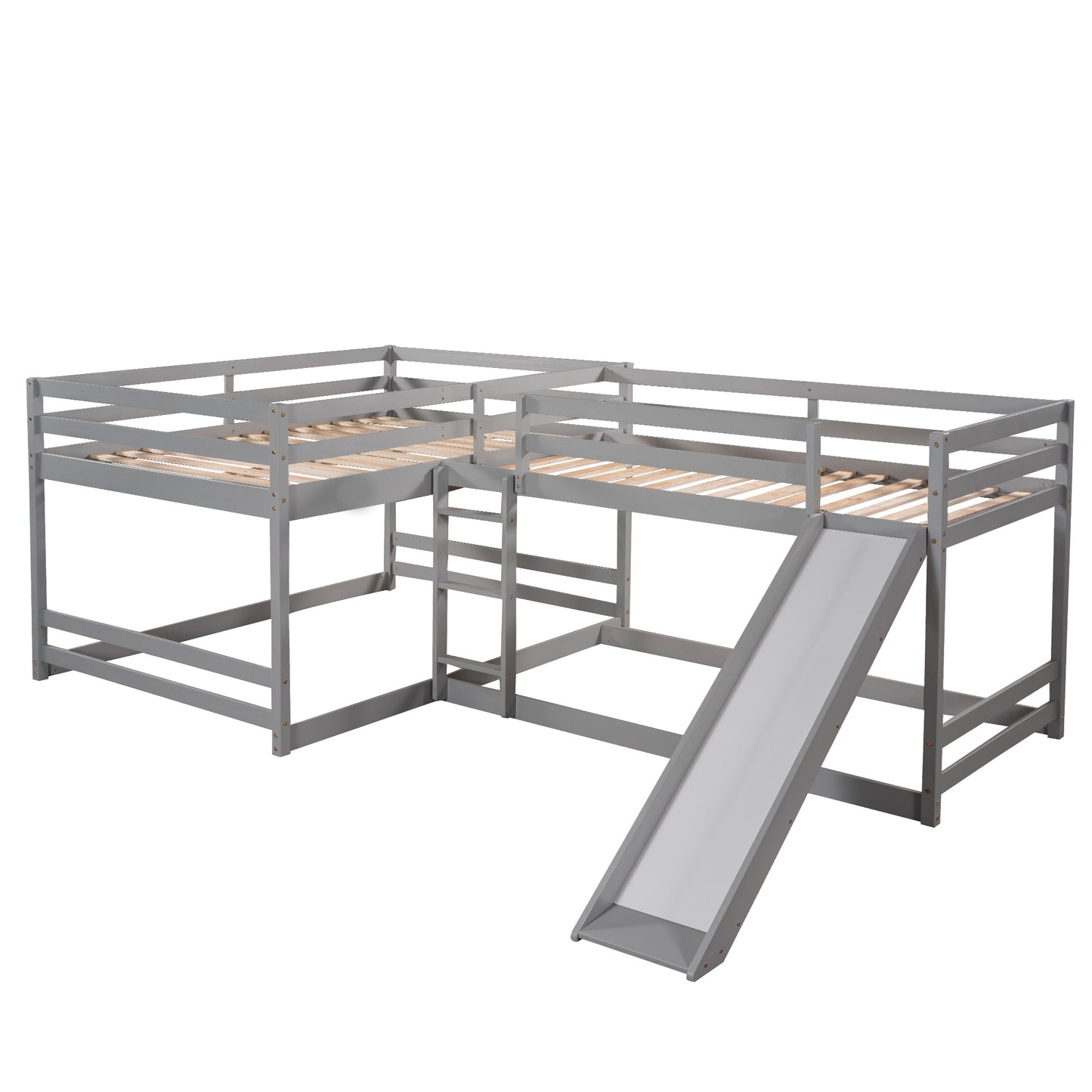Gray wooden corner loft bed with slide for kids