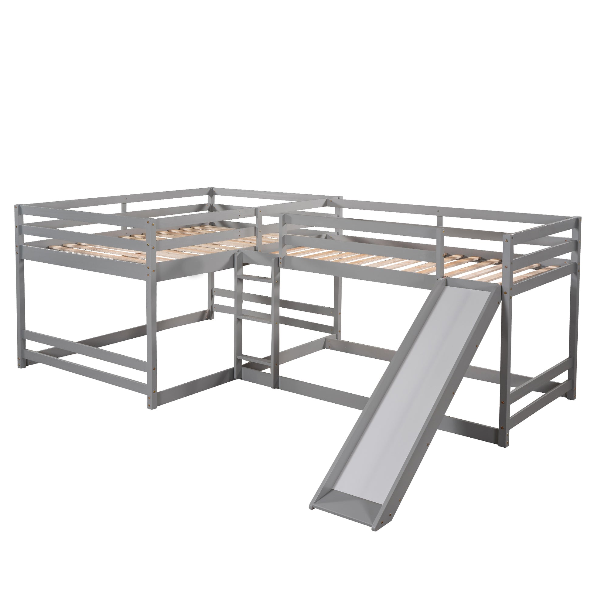 Gray wooden corner loft bed with slide for kids