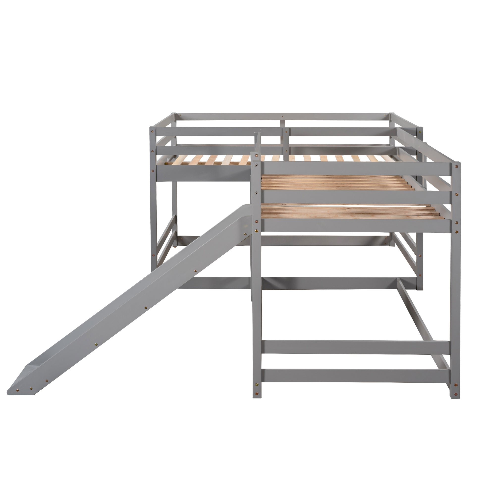 Grey wooden loft bed with slide for kids bedroom