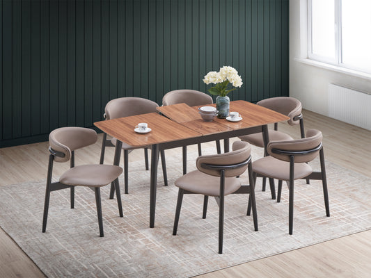 Modern dining table with wood grain top and six upholstered chairs