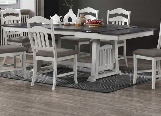 White and grey farmhouse dining set with upholstered seats
