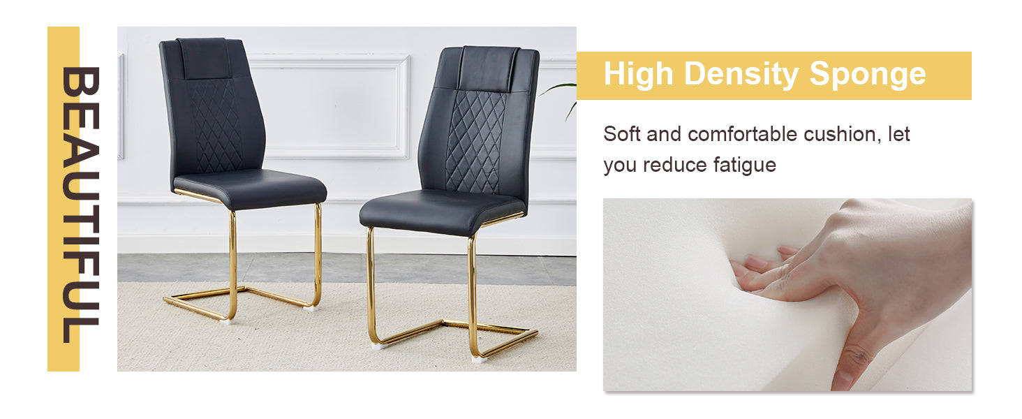 Black faux leather dining chair with diamond stitching and gold metal legs