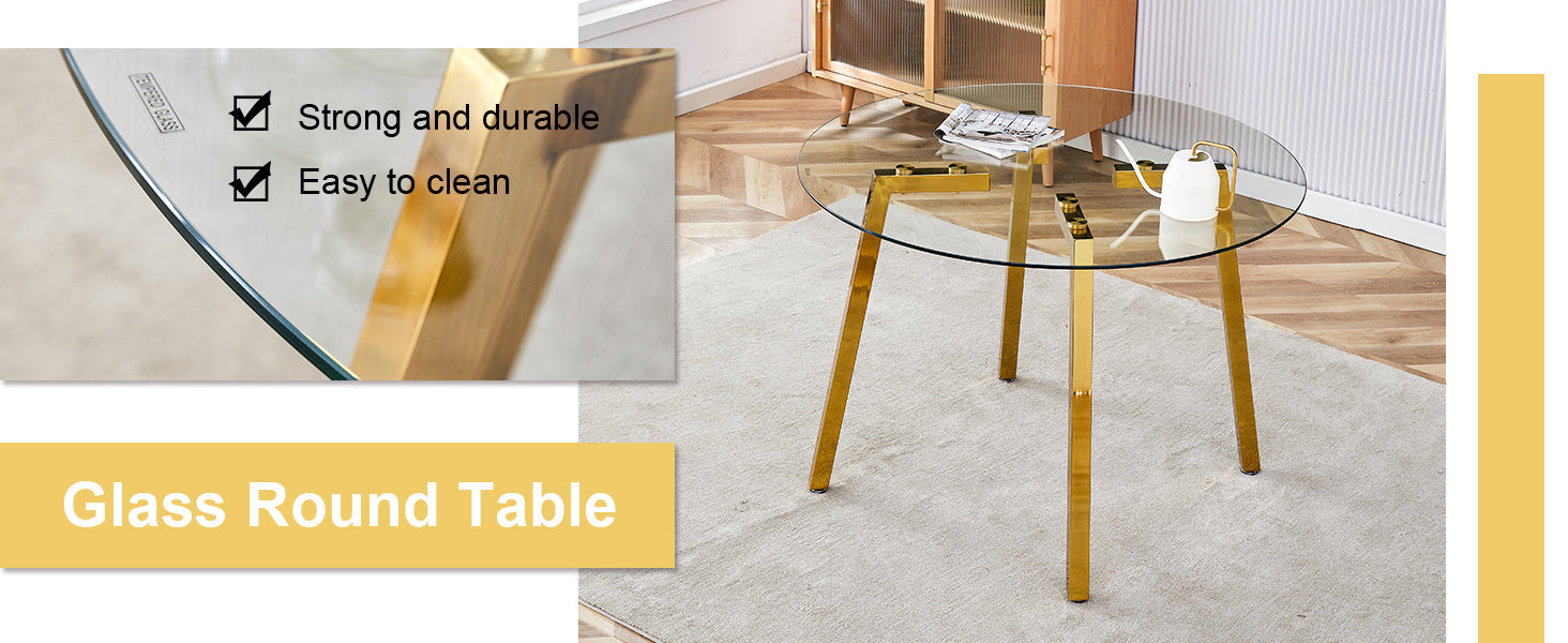 Tempered glass round table with polished gold legs for modern dining
