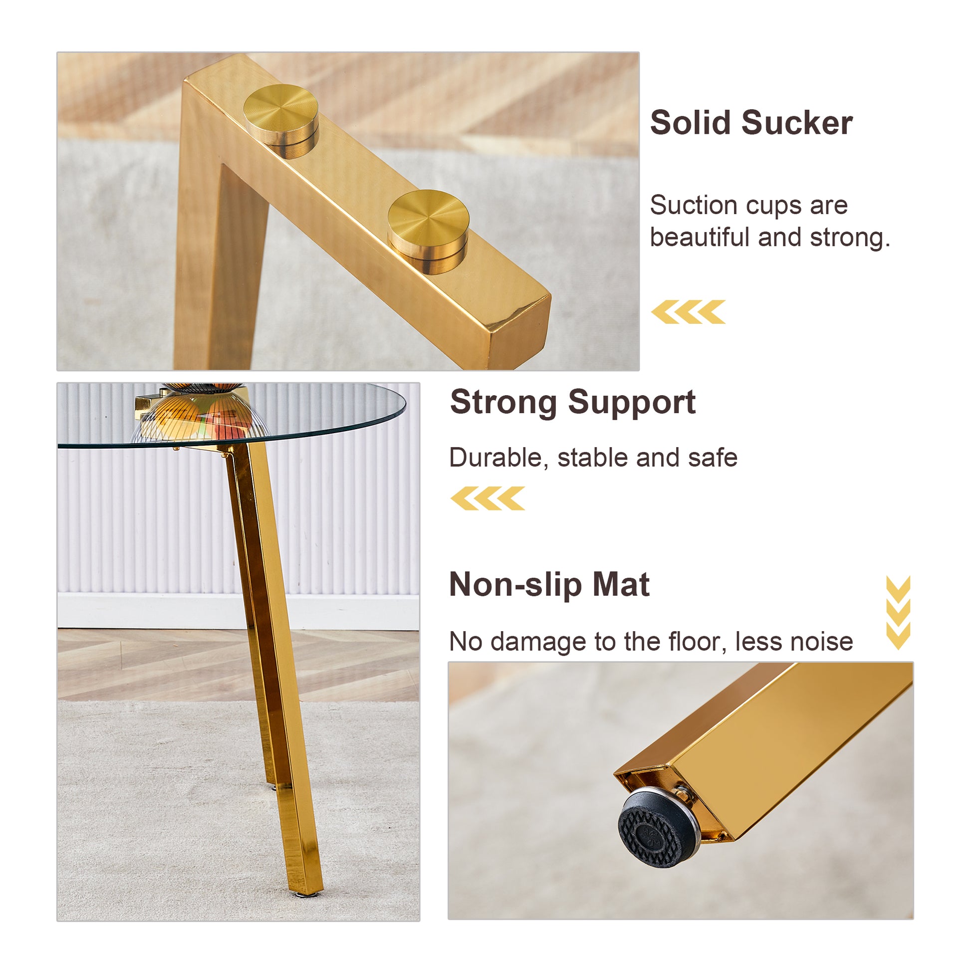 Gold metal table leg detail with brass suction cup for glass top