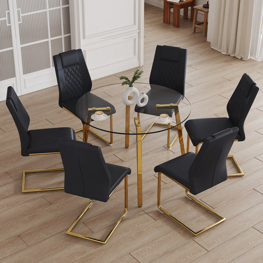 Black diamondstitched faux leather dining chair with gold metal legs