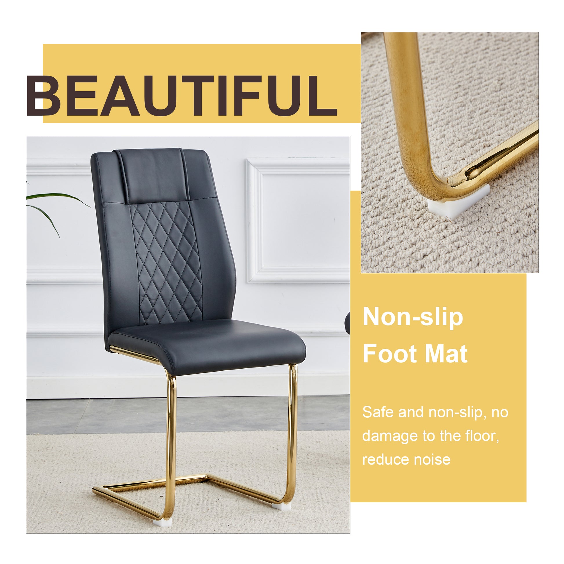 Black diamondstitched faux leather dining chair with gold cantilever legs