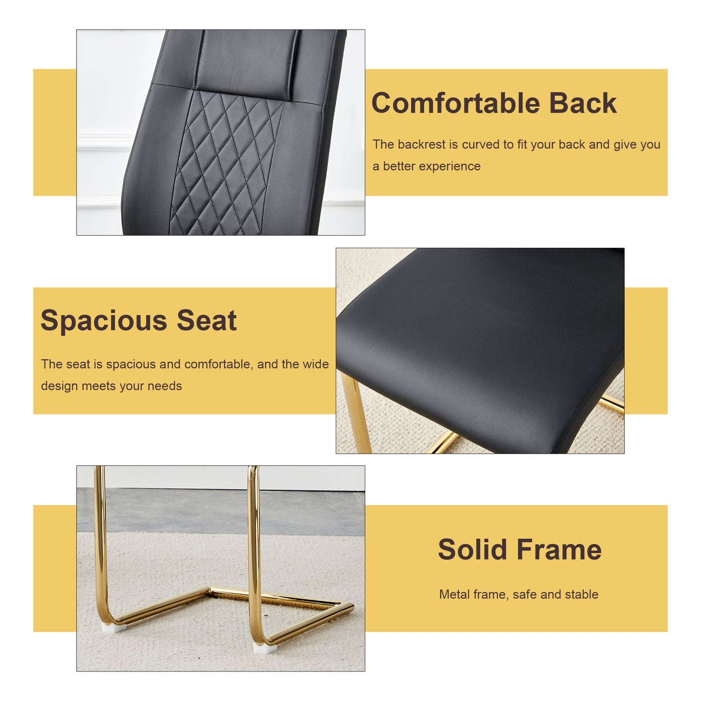 Black faux leather chair back with diamond stitching detail