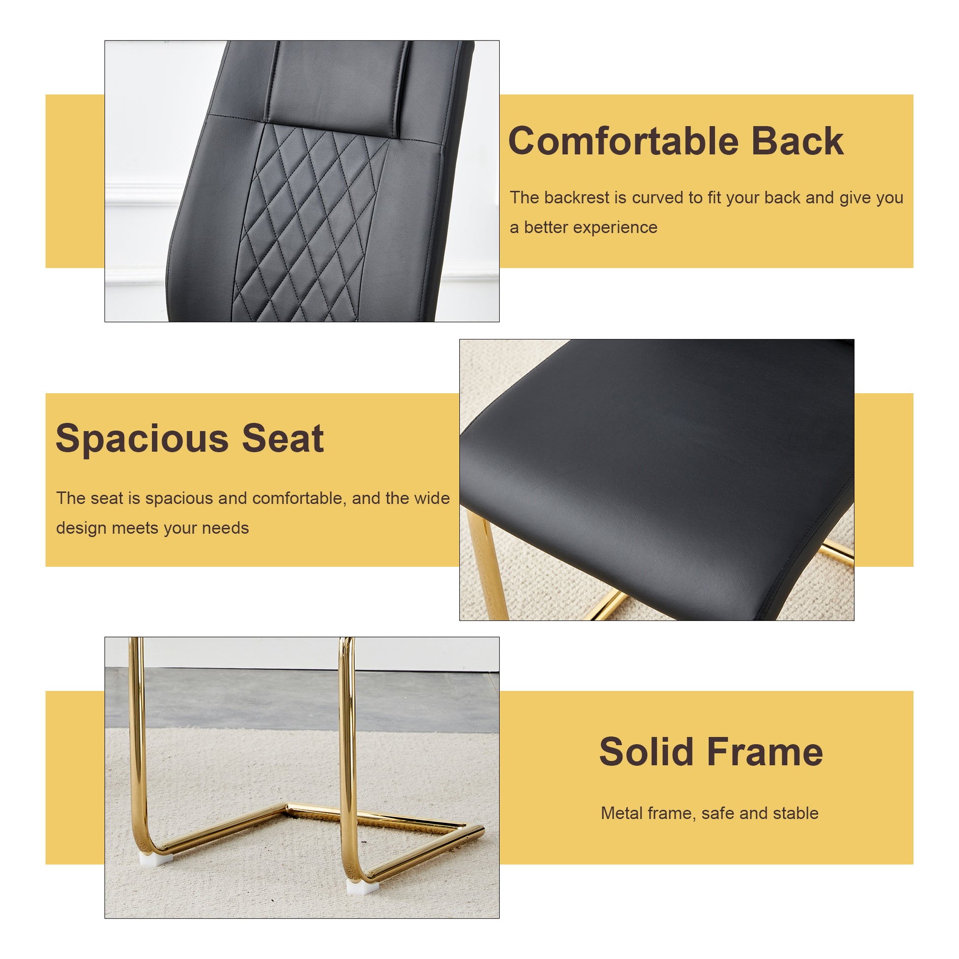Black faux leather chair back with diamond stitching detail