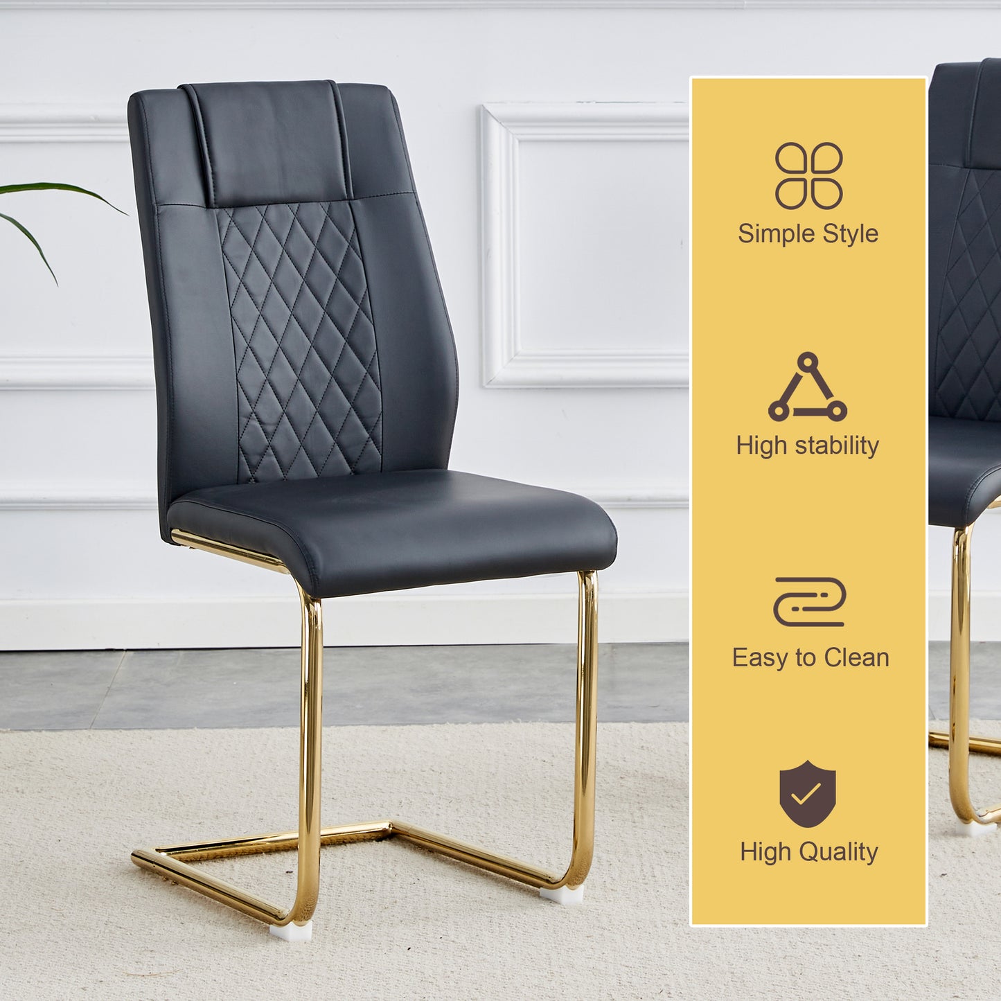 Black faux leather dining chair with diamond stitching and gold metal legs