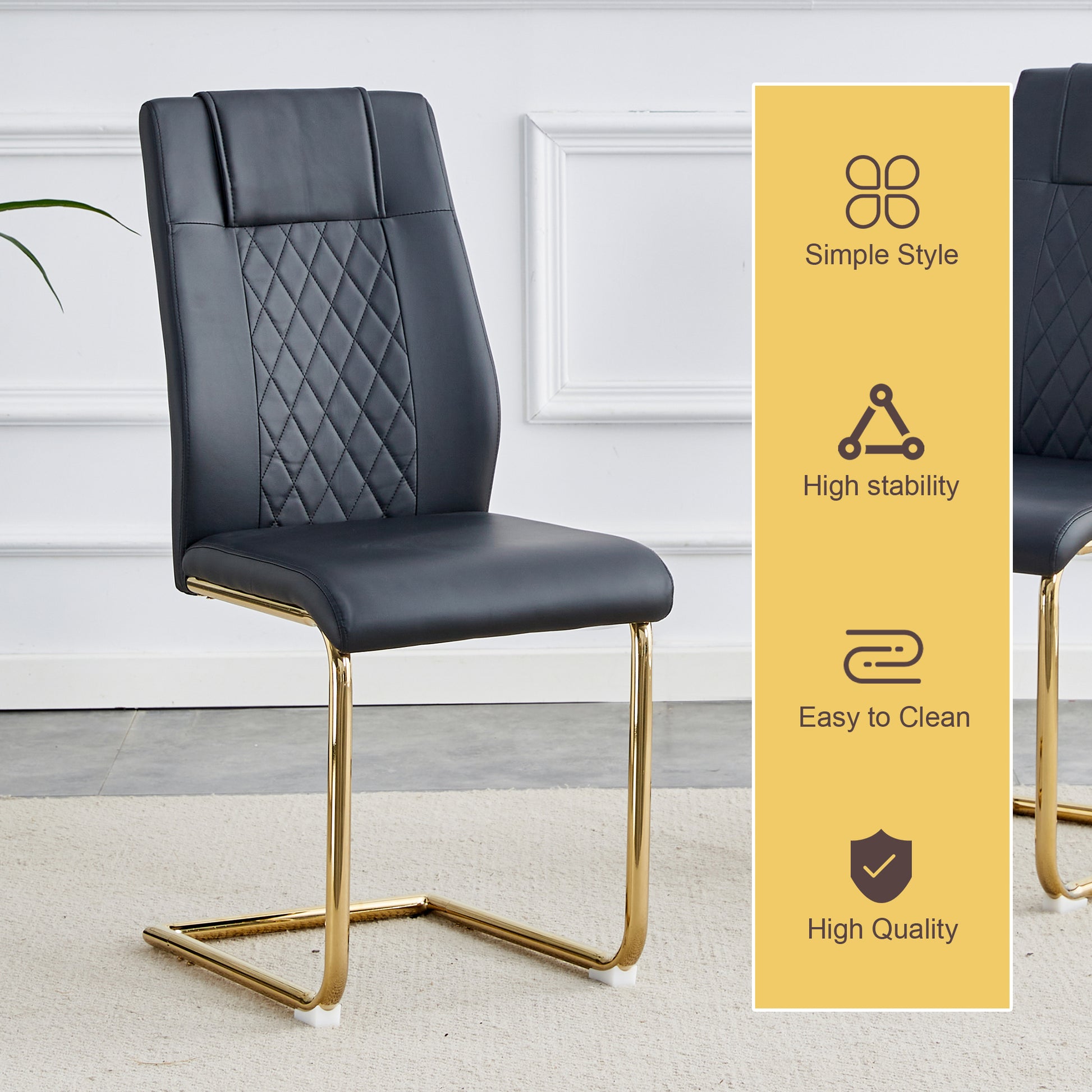 Black faux leather dining chair with diamond stitching and gold metal legs