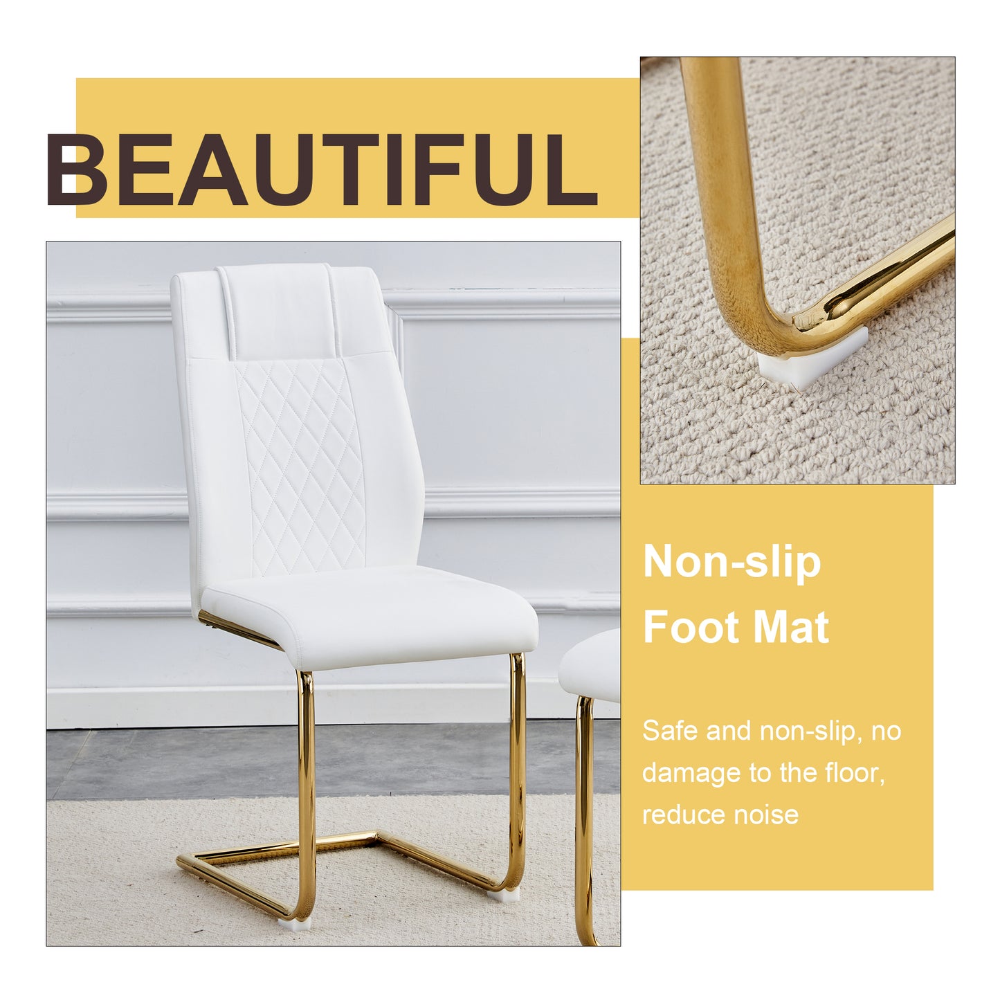 White upholstered dining chair with diamond stitching and gold legs