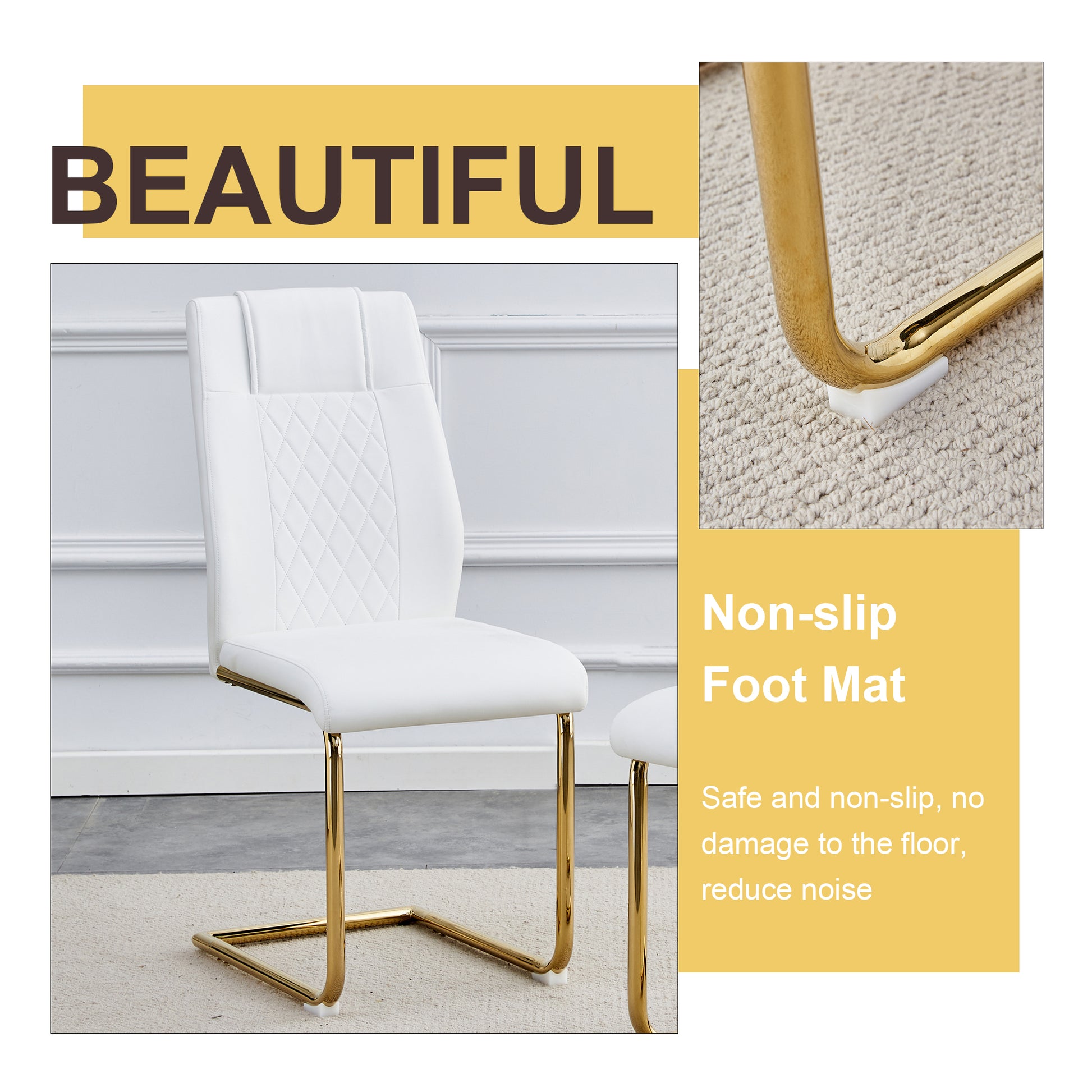 White upholstered dining chair with diamond stitching and gold legs