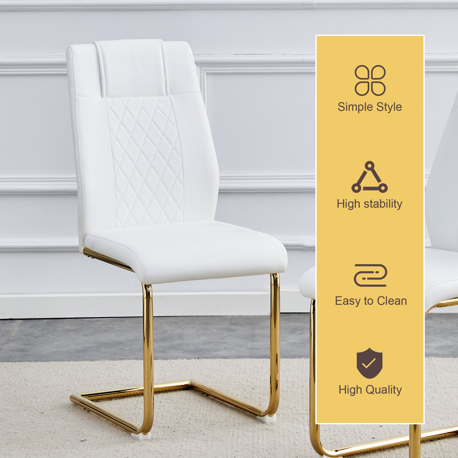 White leather dining chair with quilted back and gold sled base