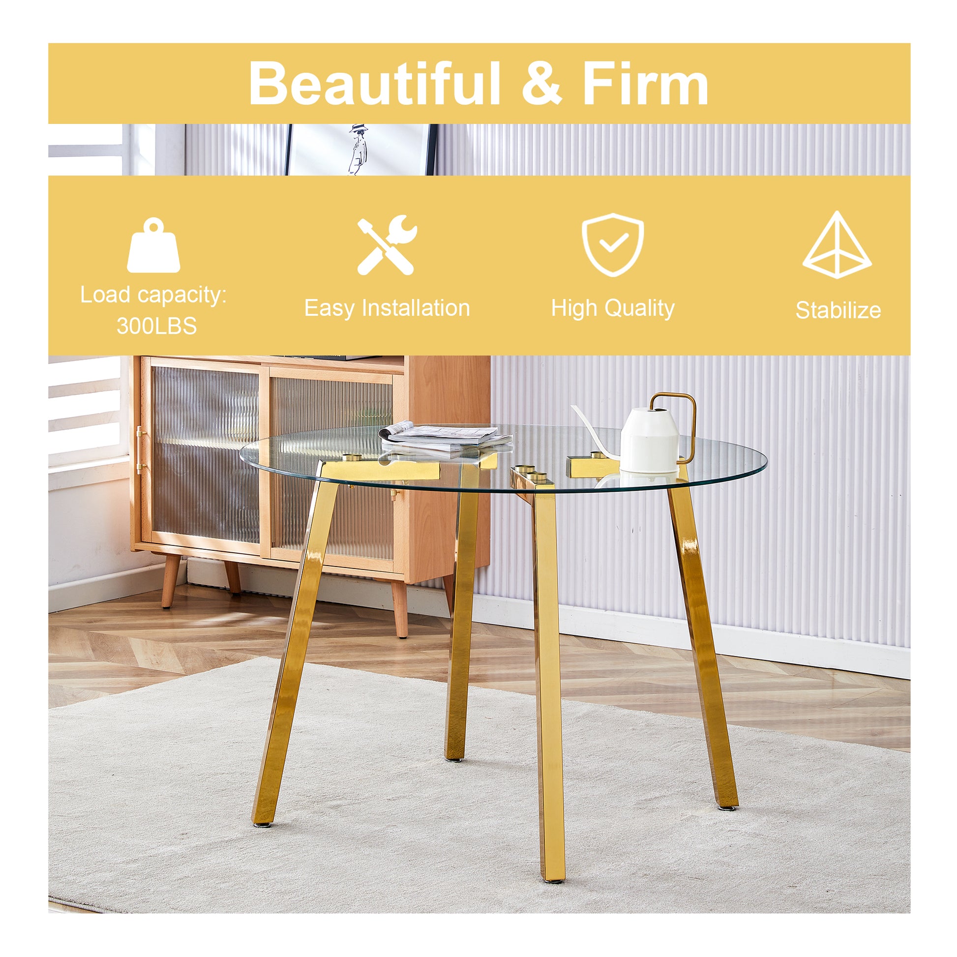 Round glass dining table with gold metal legs