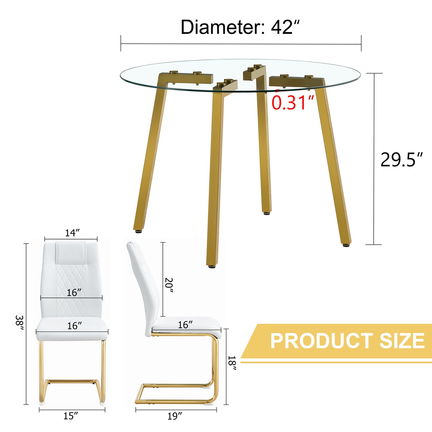 diameter glass dining table with gold metal legs and dimensions shown
