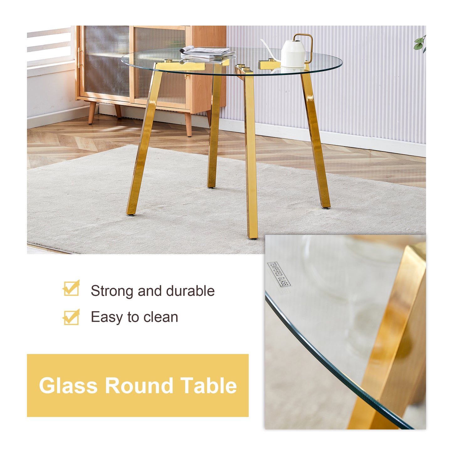 Glass round dining table with polished gold legs