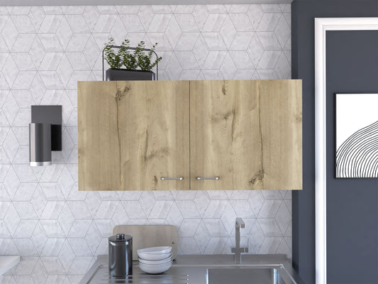 Modern oak finish kitchen cabinet with silver handles for overhead storage