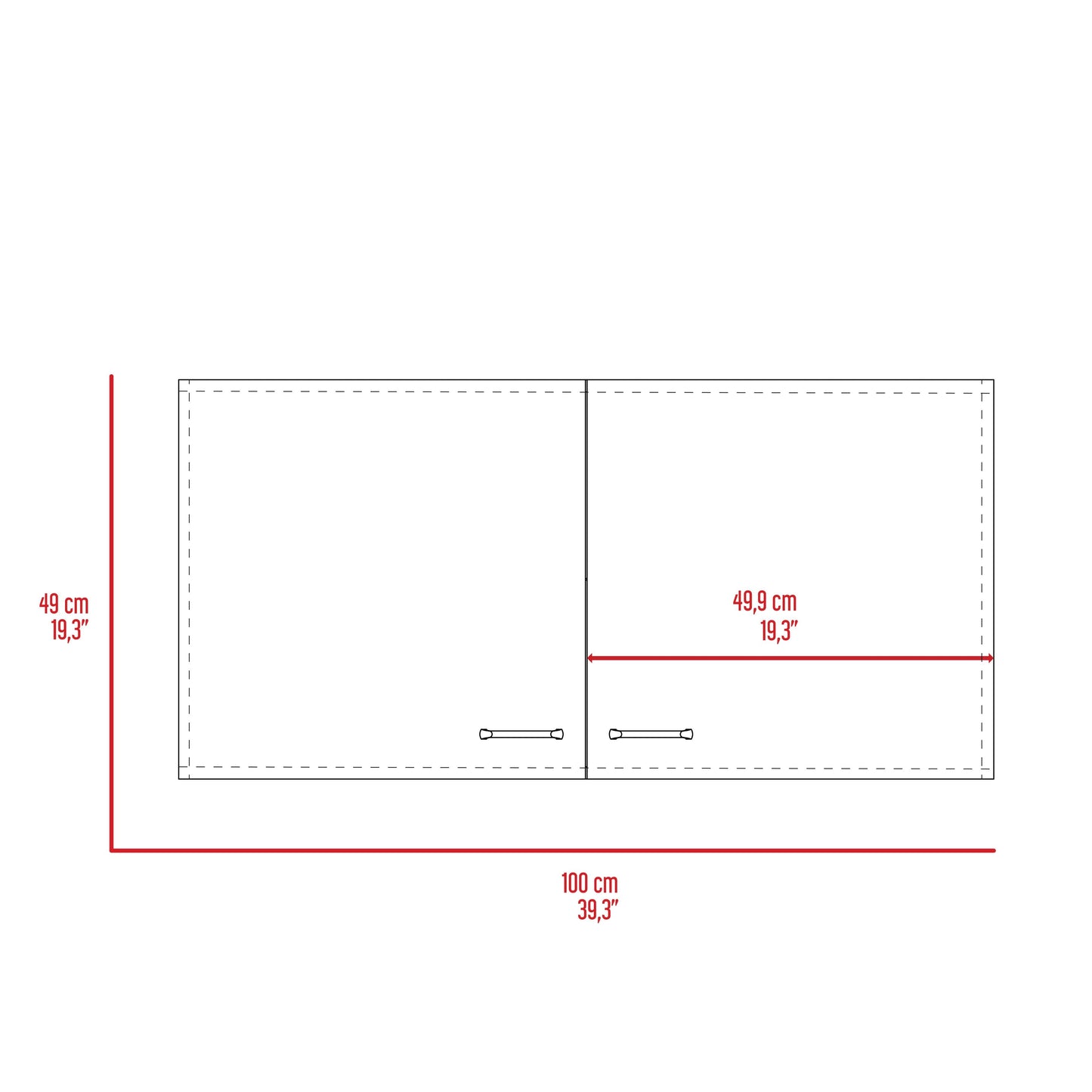 Diagram of a cm wide kitchen wall cabinet with two doors