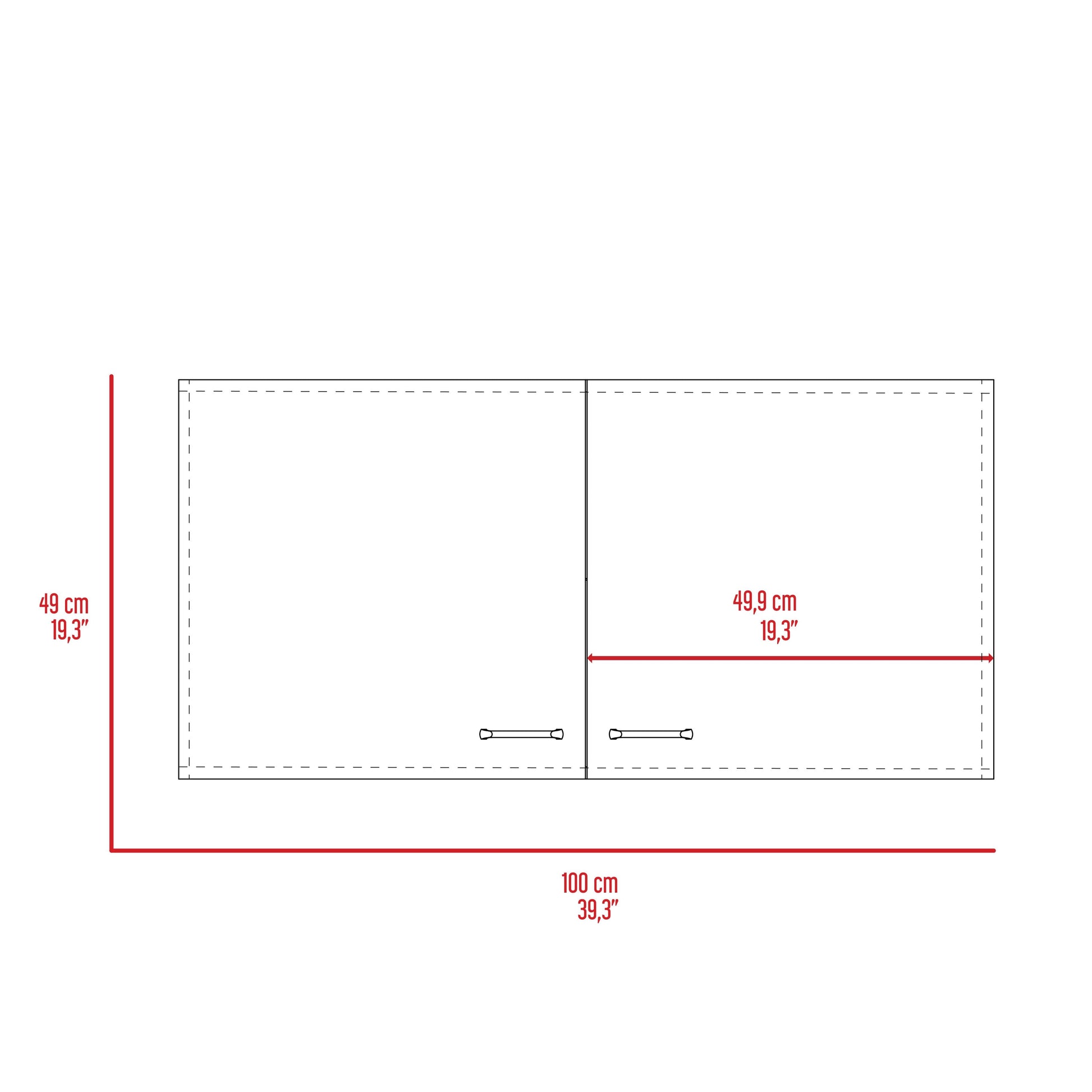 Diagram of a cm wide kitchen wall cabinet with two doors