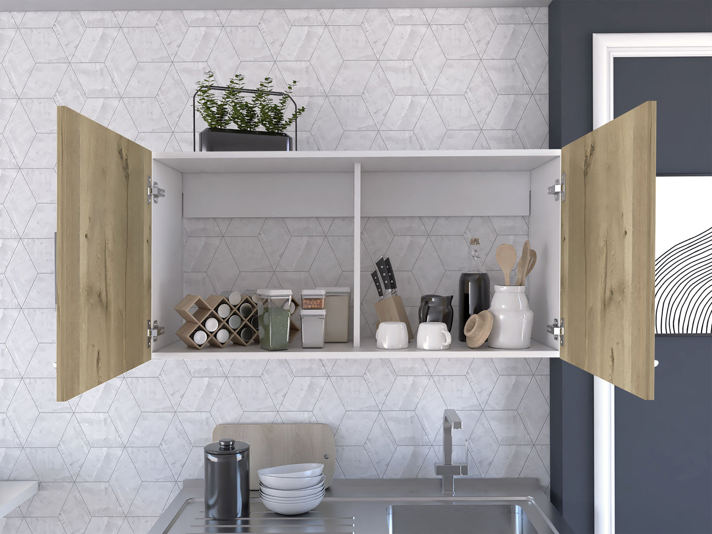 Wooden kitchen cabinet with open doors revealing kitchenware