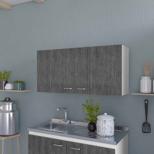 Grey wood grain kitchen wall cabinet with chrome handles