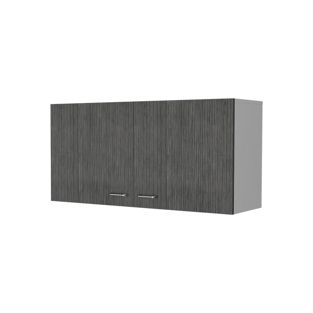 Dark gray wood grain twodoor wall cabinet with modern silver handles
