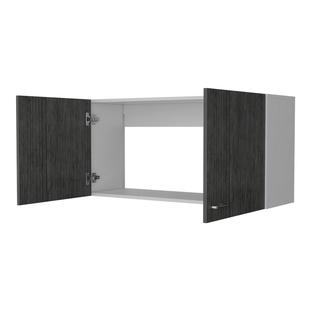 Wall cabinet with dark wood grain doors and white interior