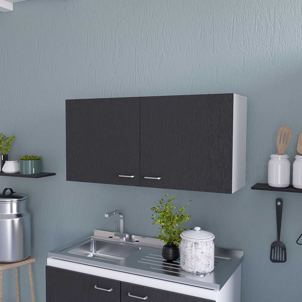 Dark gray wood grain doubledoor kitchen cabinet with silver handles mounted above a sink