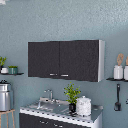 Dark gray wood grain doubledoor kitchen cabinet with silver handles mounted above a sink
