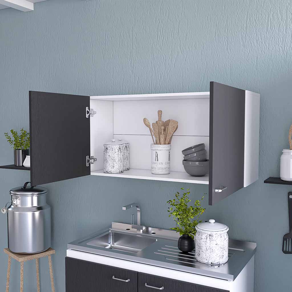 Dualtone modern kitchen wall cabinet with open doors revealing utensils and canisters