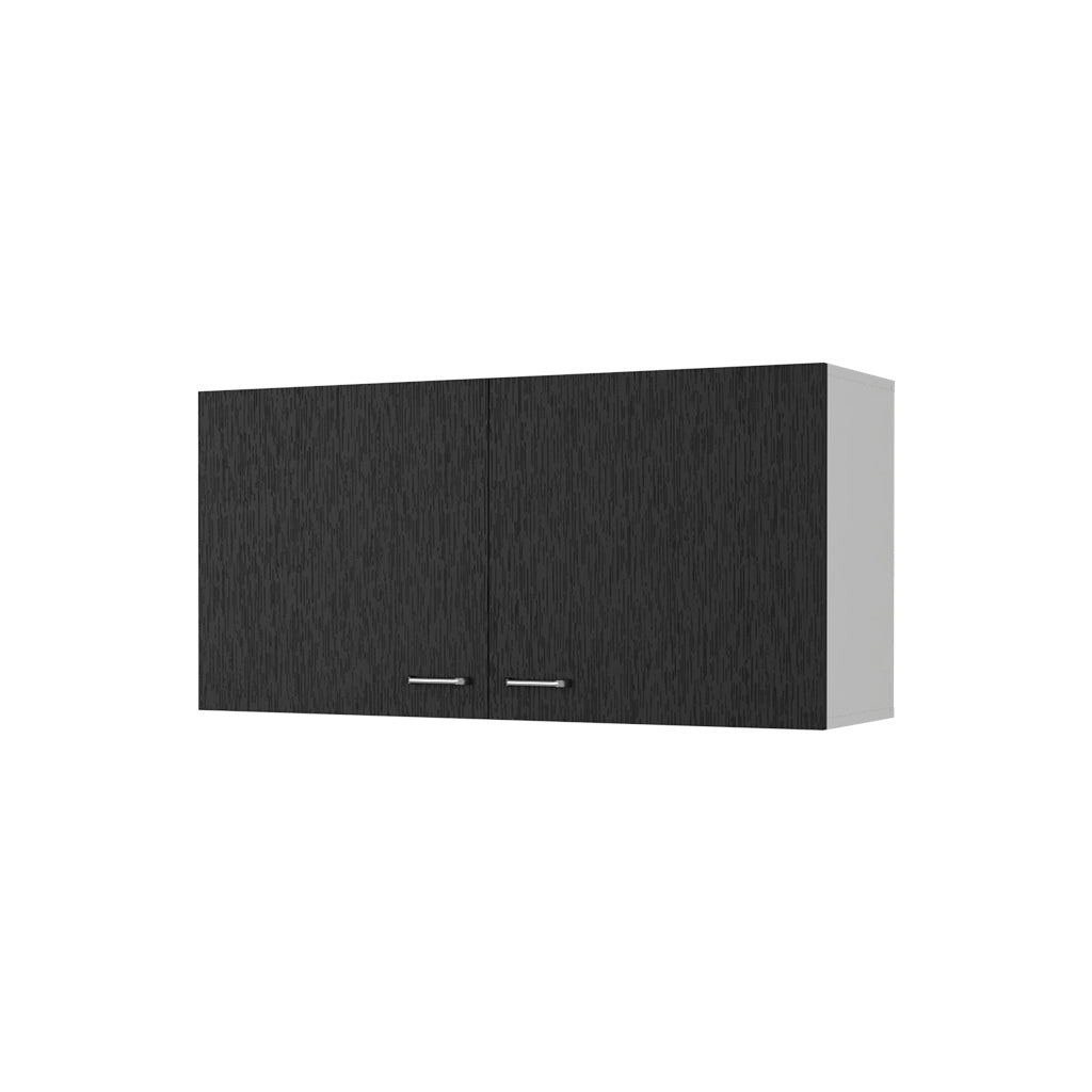 Dark wood grain doubledoor wall cabinet with silver handles