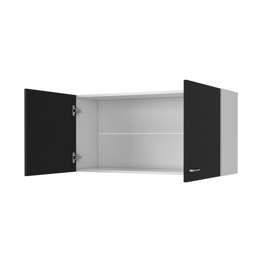 White wall cabinet with black textured doors open