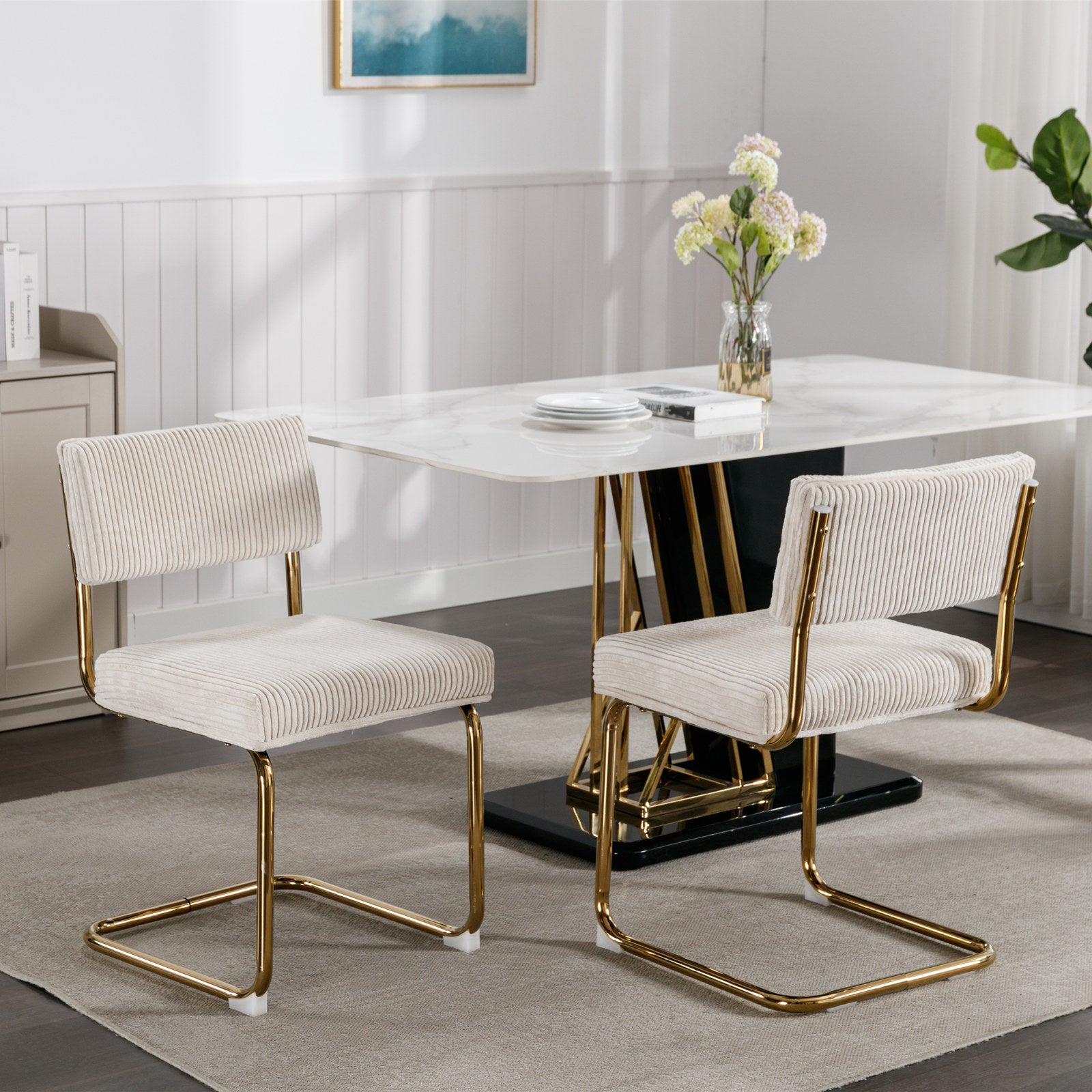 Cream corduroy dining chair with gold metal frame