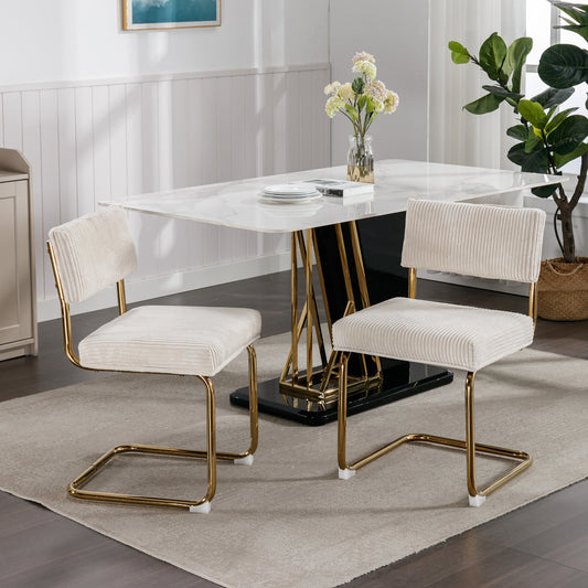 Cream corduroy dining chair with gold metal frame