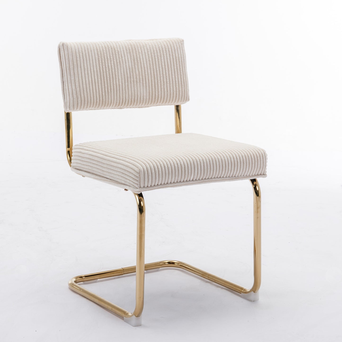 Cream corduroy accent chair with polished gold metal sled base