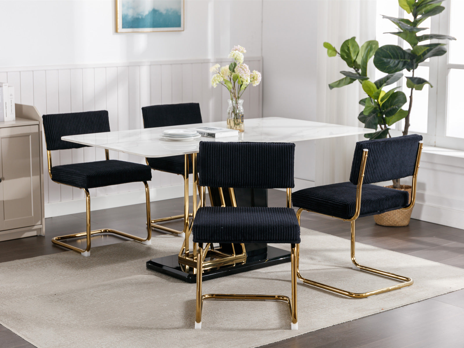 Black corduroy dining chairs with gold sled legs set for four