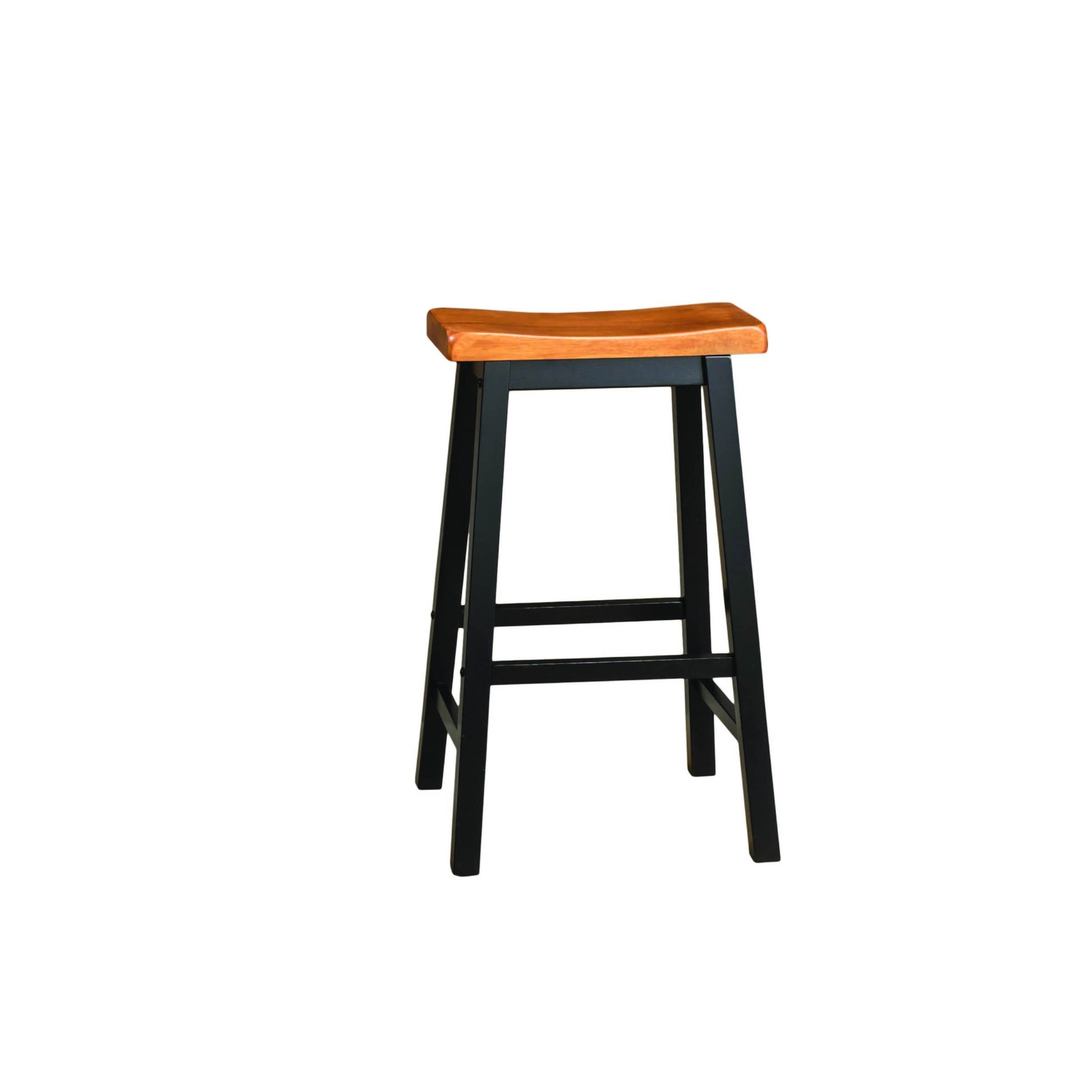 Saddle seat bar stool with natural wood top and black frame